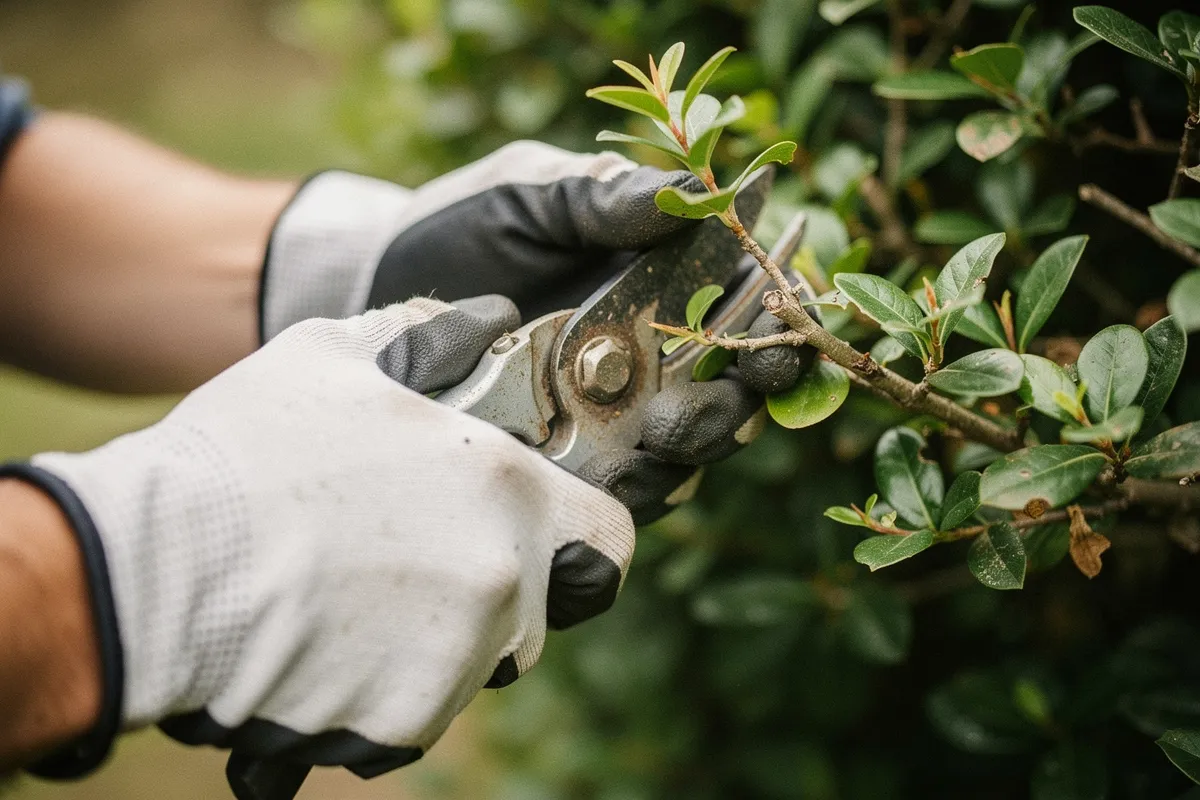 Mains gantées taillant une branche d'arbuste au sécateur